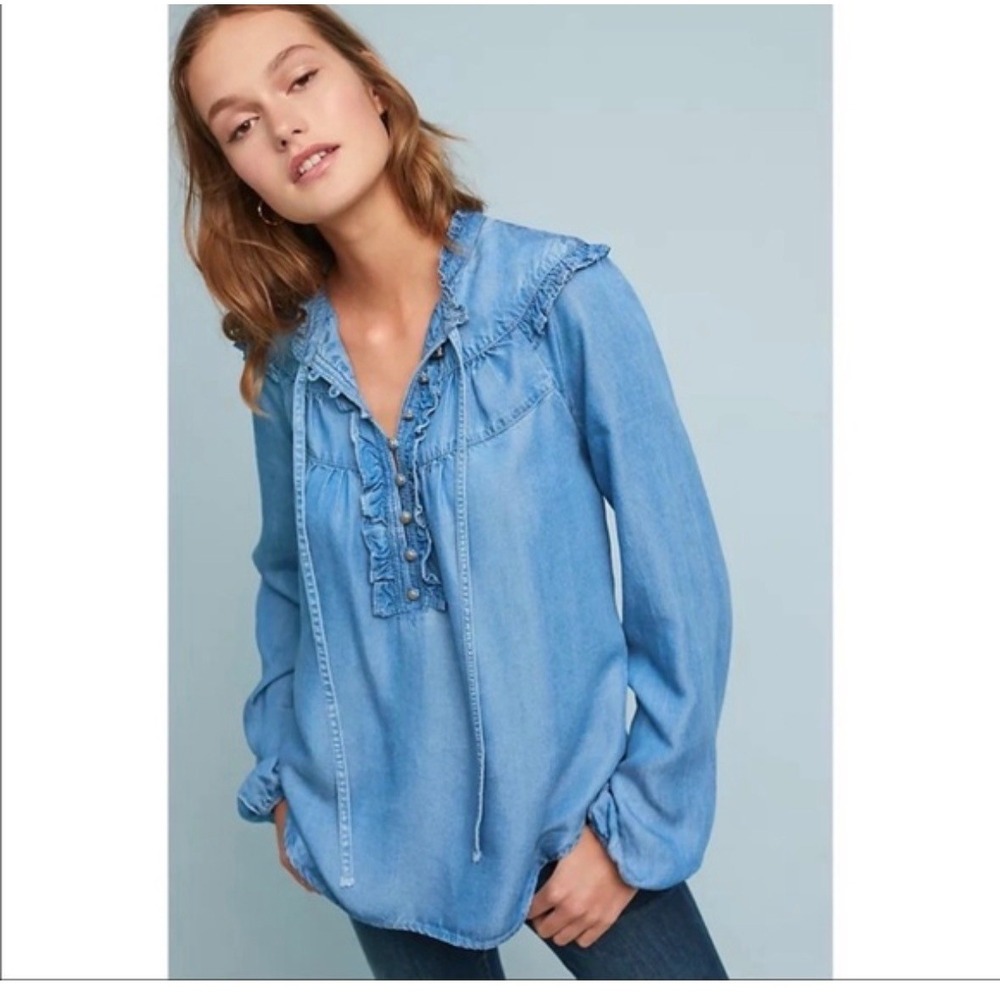 Anthropologie Maeve Chambray Ruffle Blouse XS Cottagecore Coquette Clean Girl
